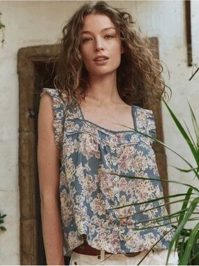 THE GREAT. Victorian Pleat Tank (indigo floral)